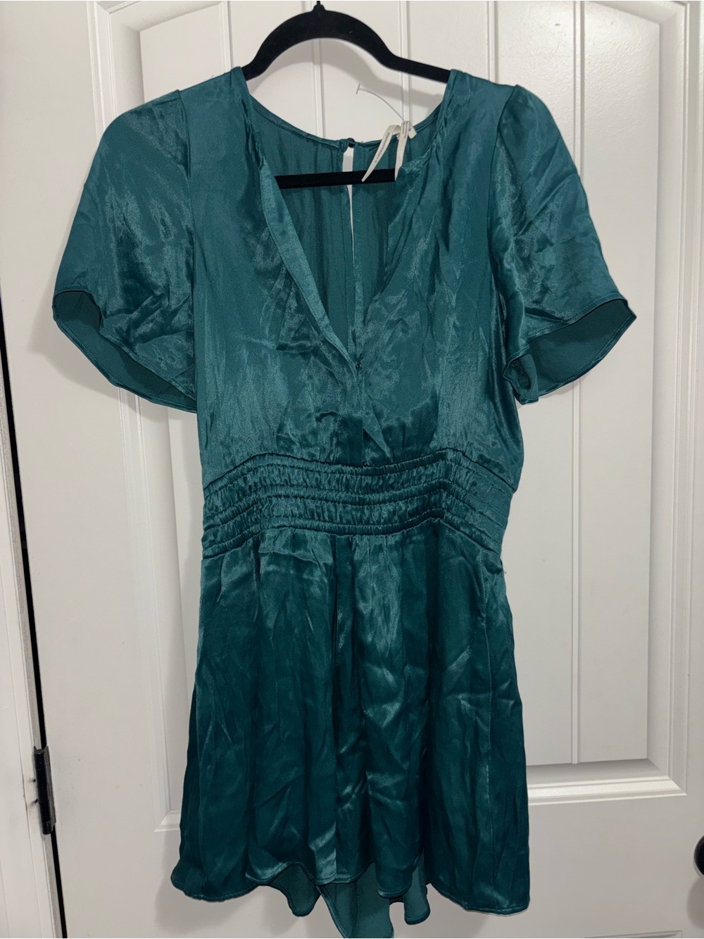 Anthropologie Teal Short-Sleeve Satin Romper